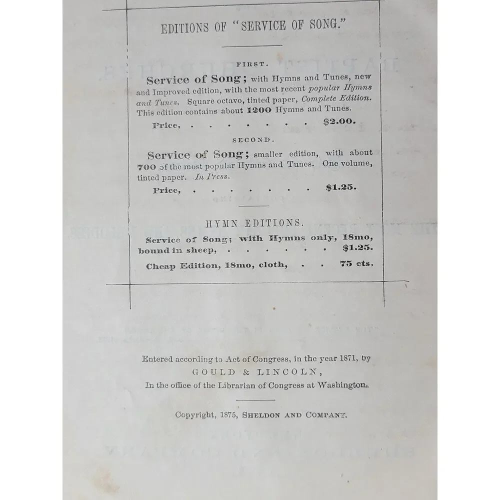 The Service of Song 1875 Sheldon & Company Hymns Antiquarian